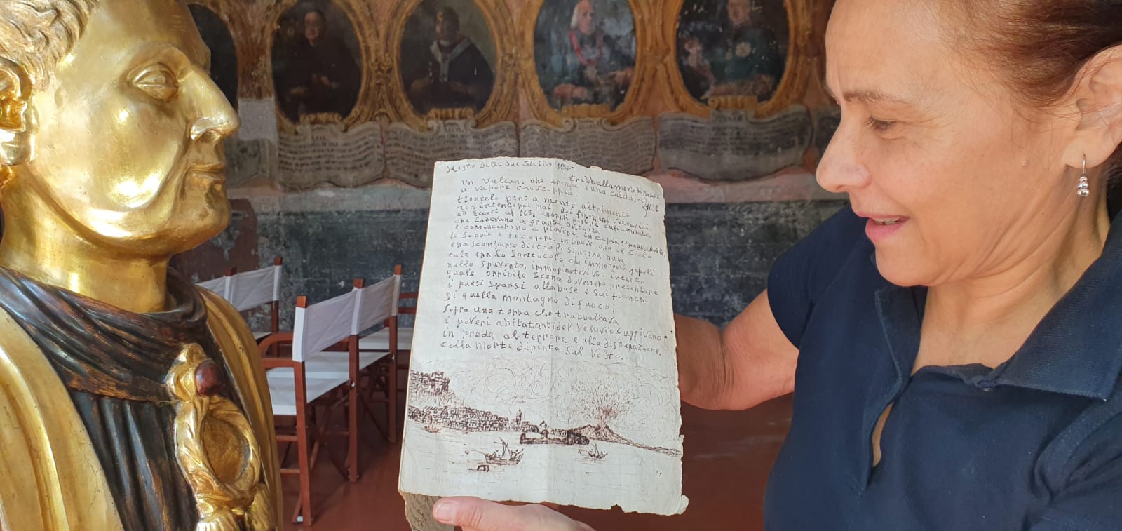 Bozzetto in china nera del XIX secolo, su carta filigranata con valore legale, con veduta del golfo e della città di Napoli con il Vesuvio in eruzione